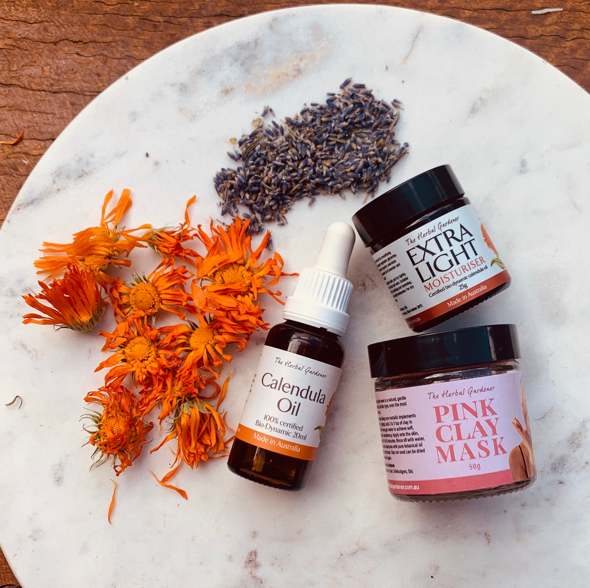 Calendula Acne Skincare Pack with Calendula Oil 20mL, Extra Light Moisturiser and Pink Clay Face Mask The Herbal Gardener