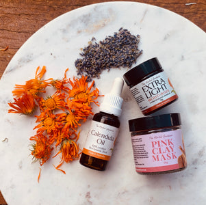 Calendula Acne Skincare Pack with Calendula Oil 20mL, Extra Light Moisturiser and Pink Clay Face Mask The Herbal Gardener