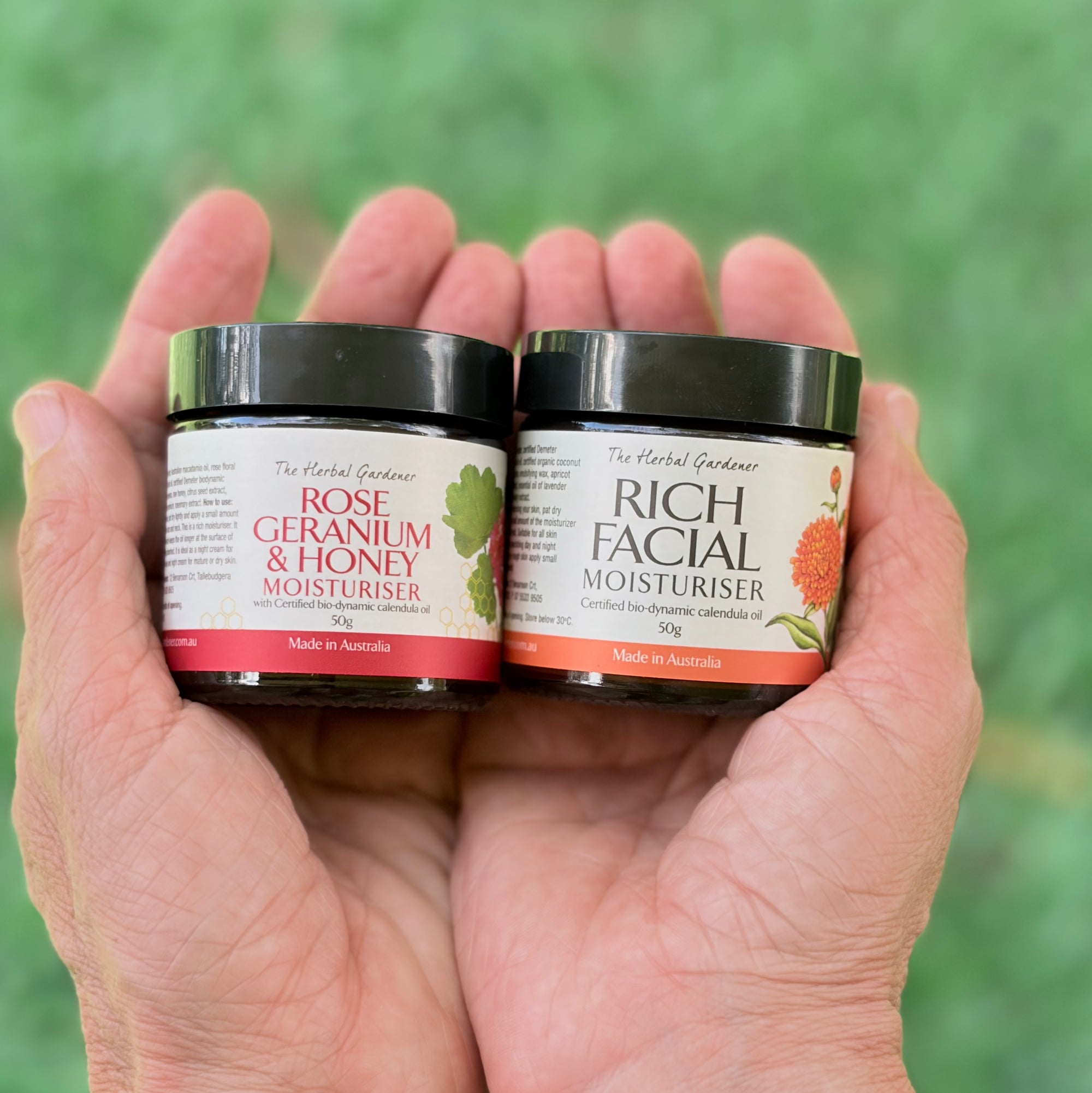 Rose Geranium and Honey Moisturiser and Rich Facial Moisturiser skincare pack The Herbal Gardener