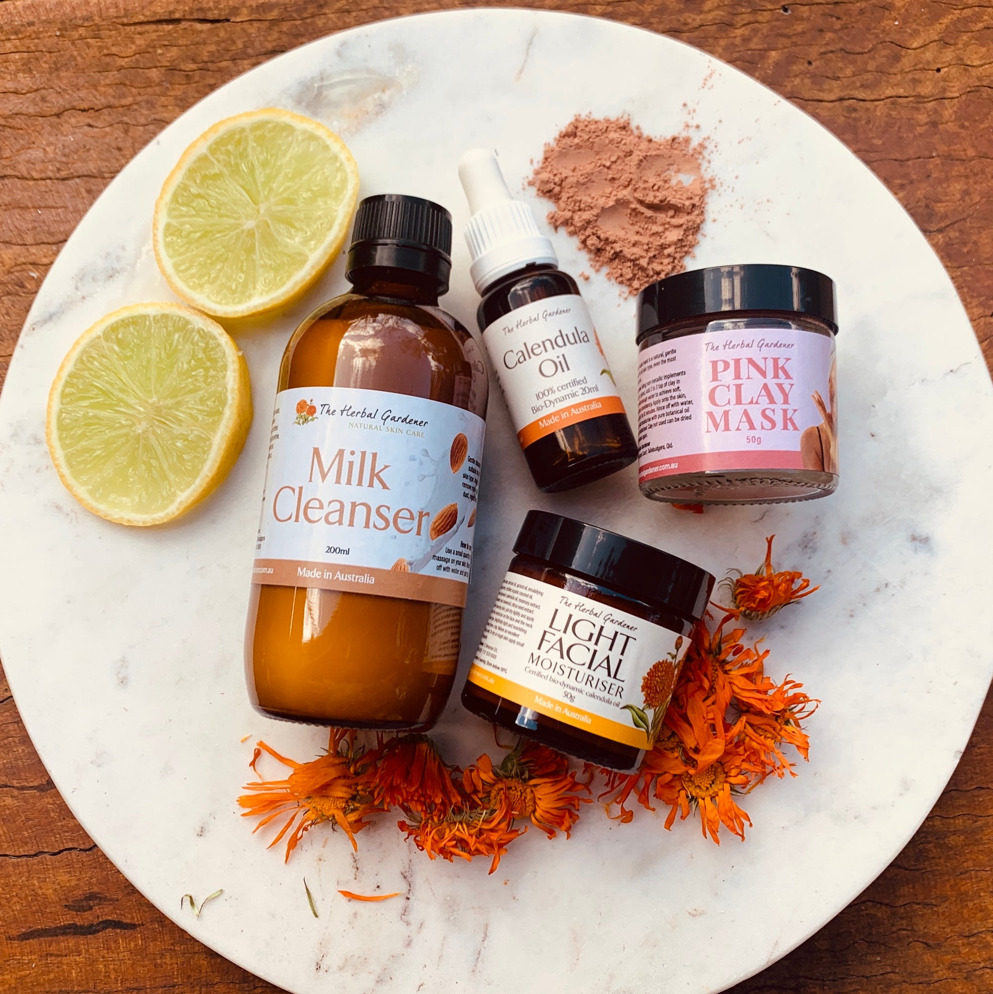 Complete Skincare Routine Collection with the Milk Cleanser, Calendula Oil 20mL, Pink Clay Mask and Light Facial Moisturiser 50gr The Herbal Gardener