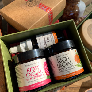 Day & Night Calendula Facial Pack with Calendula Oil 20ml, Rich Facial Moisturiser 50gr and Rose Facial Moisturiser 50gr in packaging The Herbal Gardener 