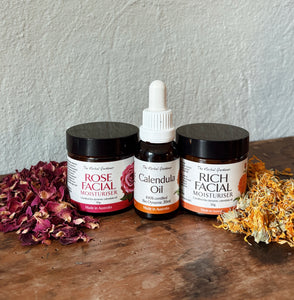 Day & Night Calendula Facial Pack with Calendula Oil 20ml, Rich Facial Moisturiser 50gr and Rose Facial Moisturiser 50gr in packaging The Herbal Gardener 