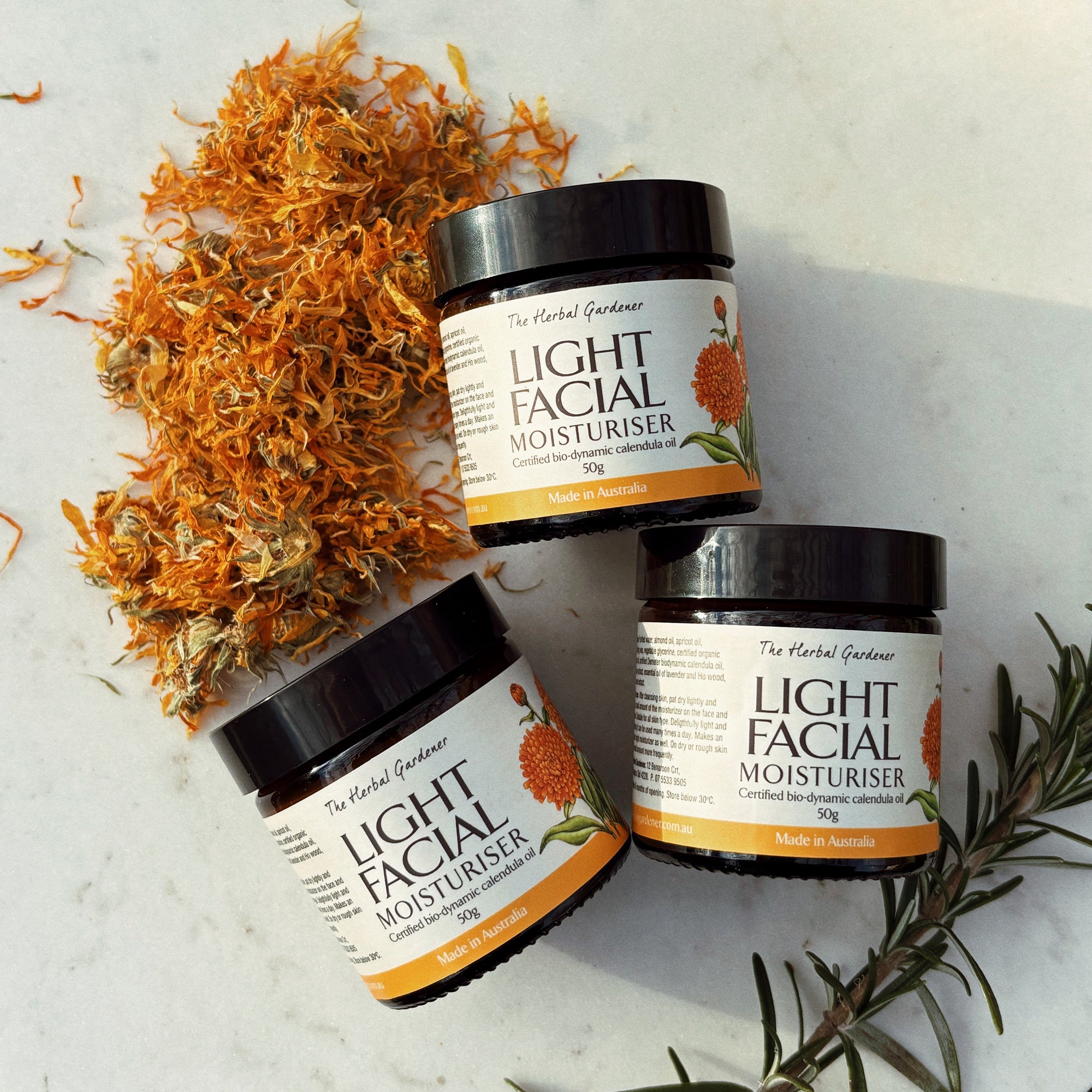 Light Calendula Facial Moisturiser Calendula and apricot 50gr Three Pack The Herbal Gardener