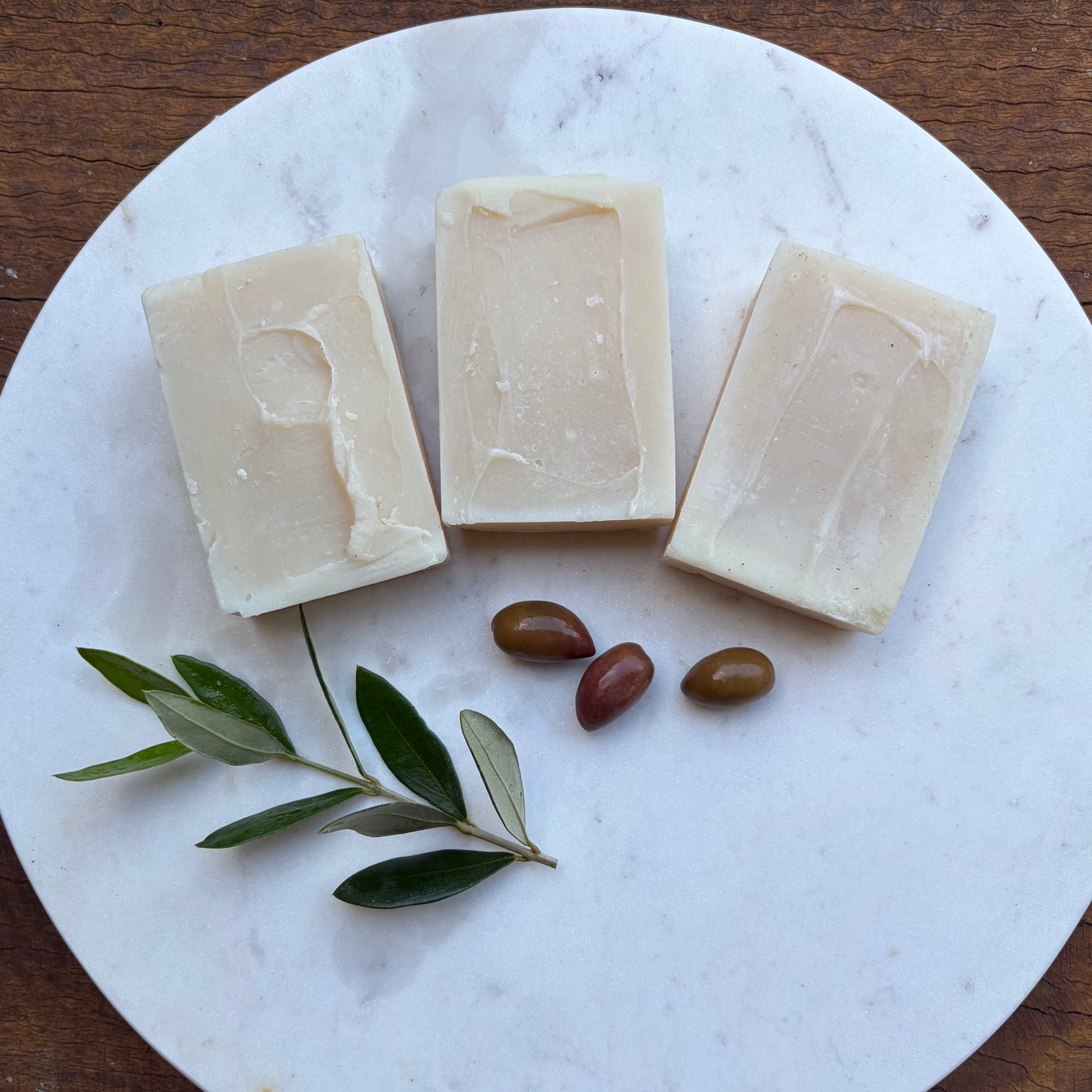Three natural bars of soap pack with olives and olive branch pack The Herbal Gardener