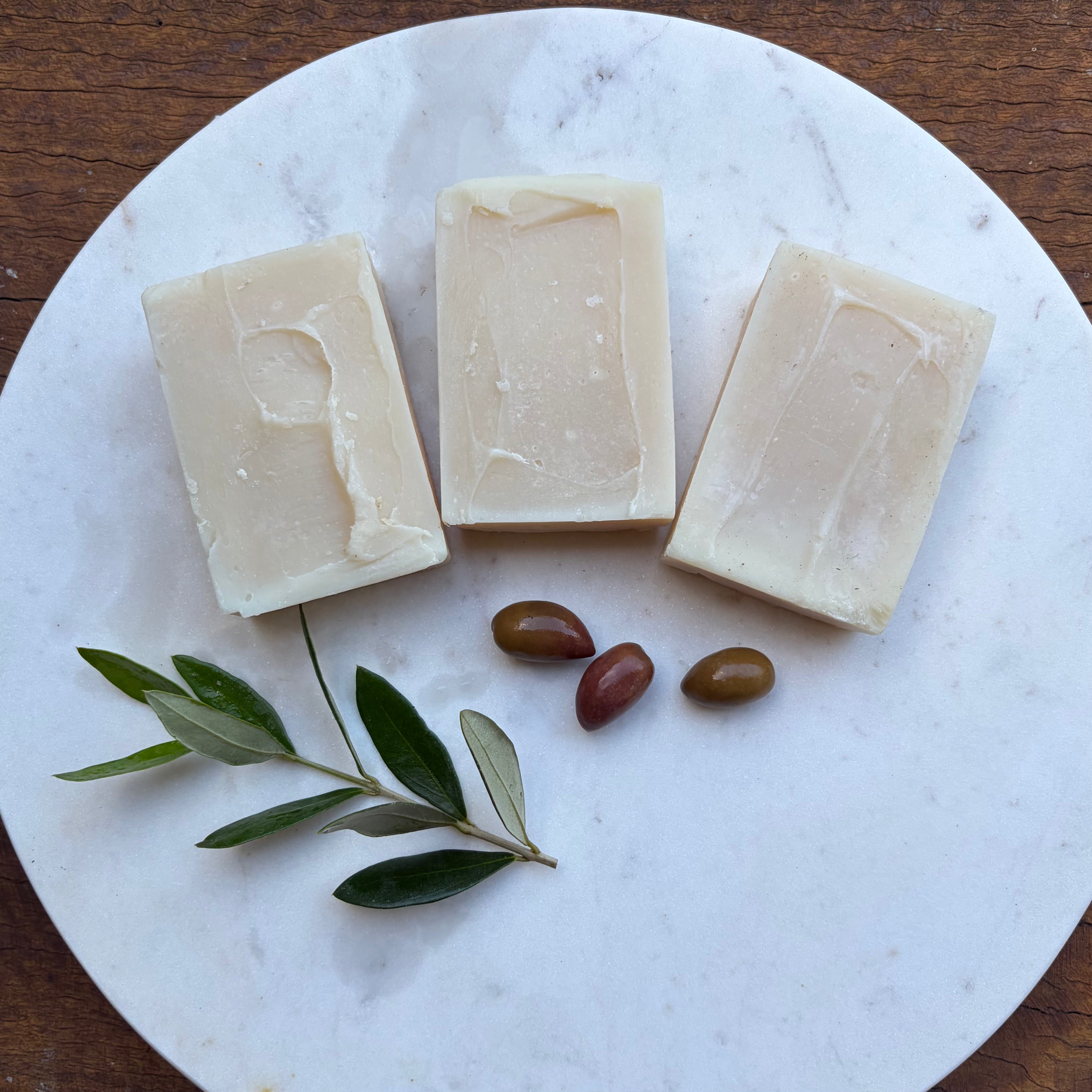 Three natural bars of soap pack with olives and olive branch pack The Herbal Gardener