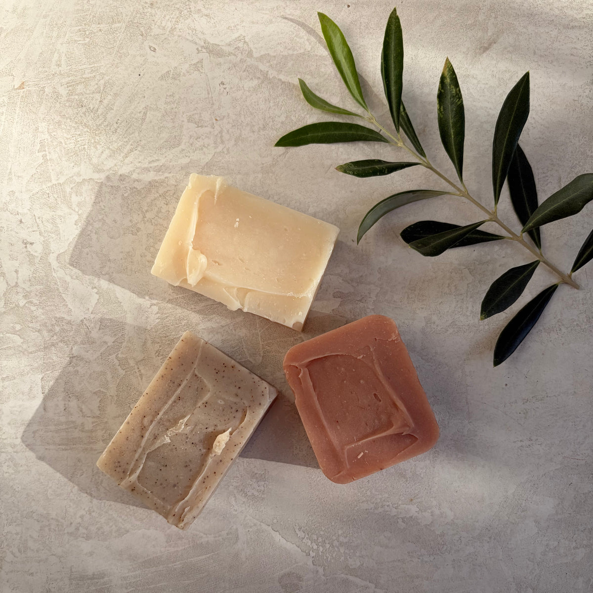 Three Soap Collection, Natural, Coffee Scrub and Pink Clay Soaps with olive leaf on a concrete background The Herbal Gardener