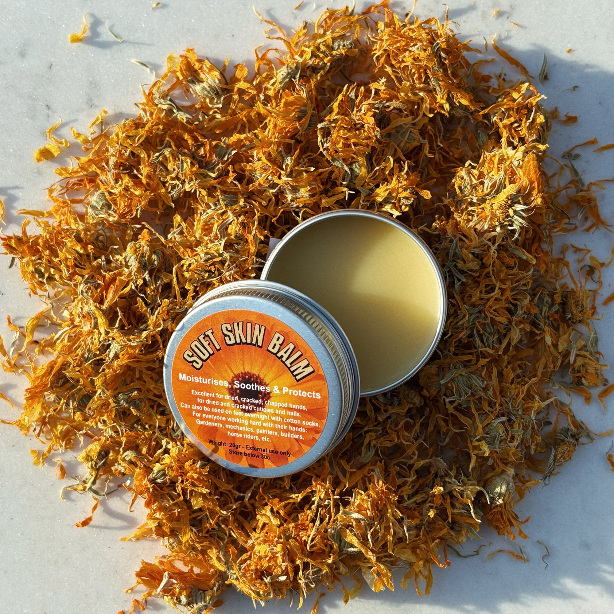 Soft Skin Balm 20gr with dried calendula beeswax and certified demeter biodynamic calendula oil The Herbal Gardener