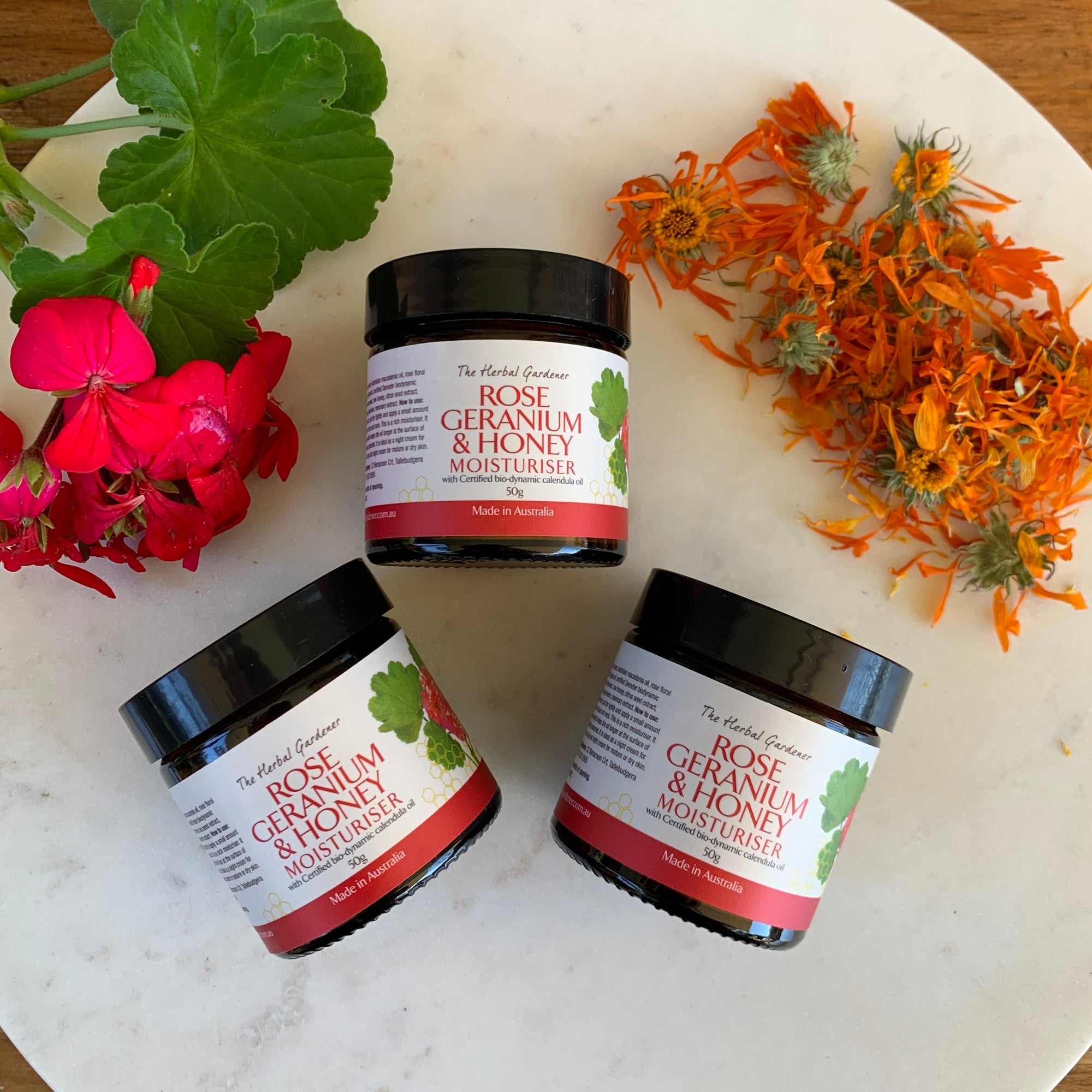Rose Geranium & Honey Calendula Facial Moisturiser 50gr Thee Pack The Herbal Gardener