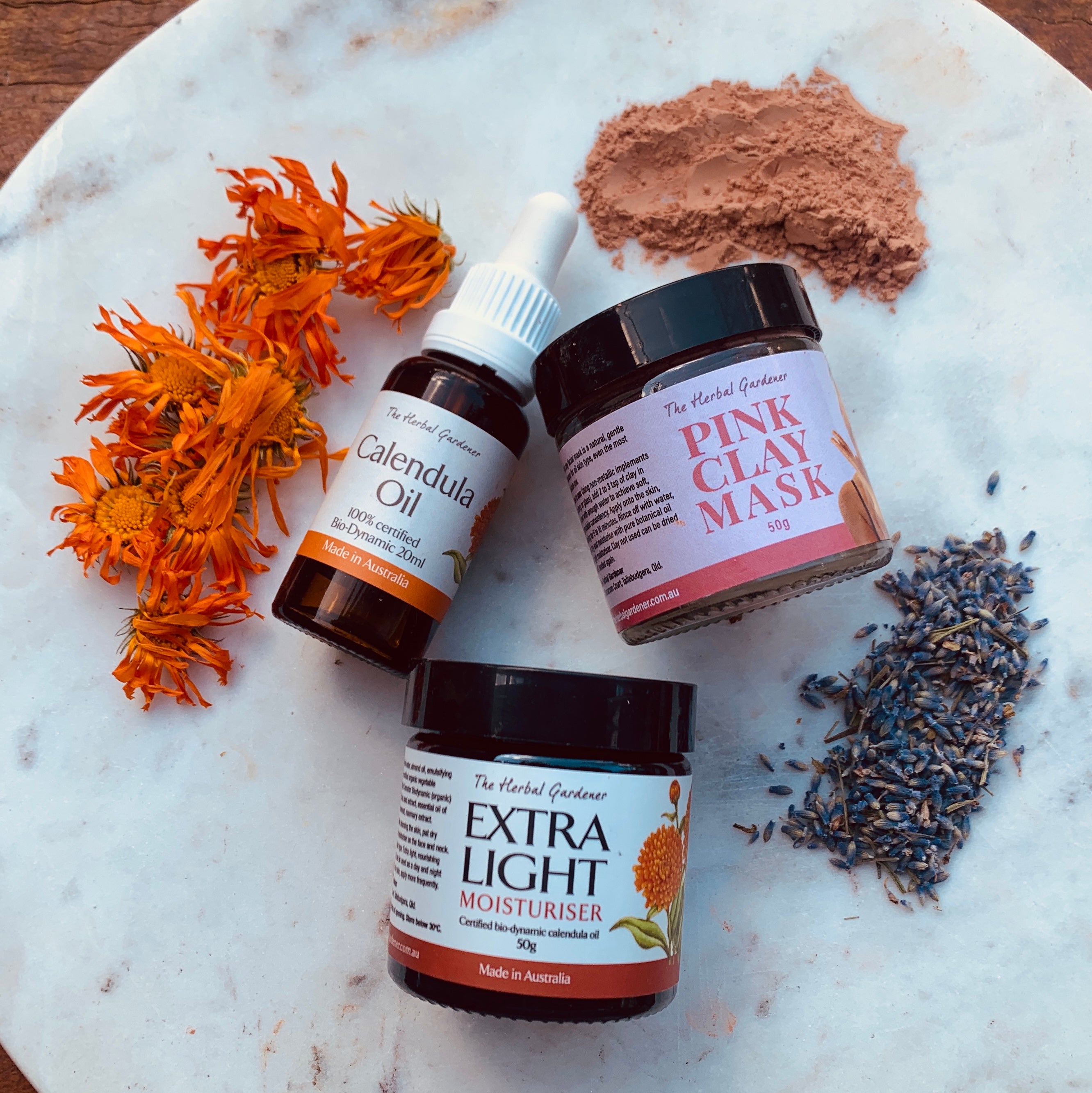 Calendula Acne Skincare Pack with Calendula Oil 20mL, Extra Light Moisturiser and Pink Clay Face Mask The Herbal Gardener