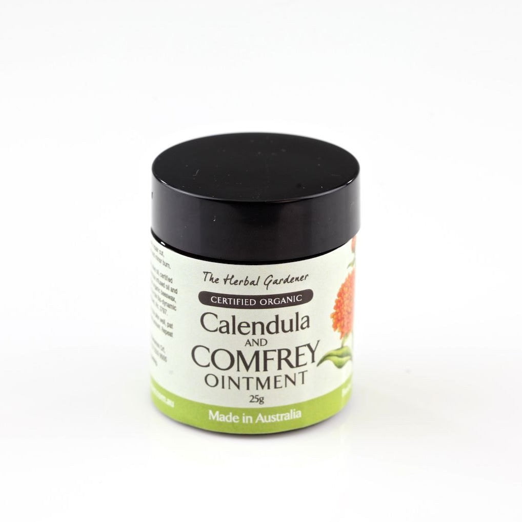 Calendula and Comfrey Ointment 25gr closed lid organic certified Australian Demeter Biodynamic Calendula Oil The Herbal Gardener