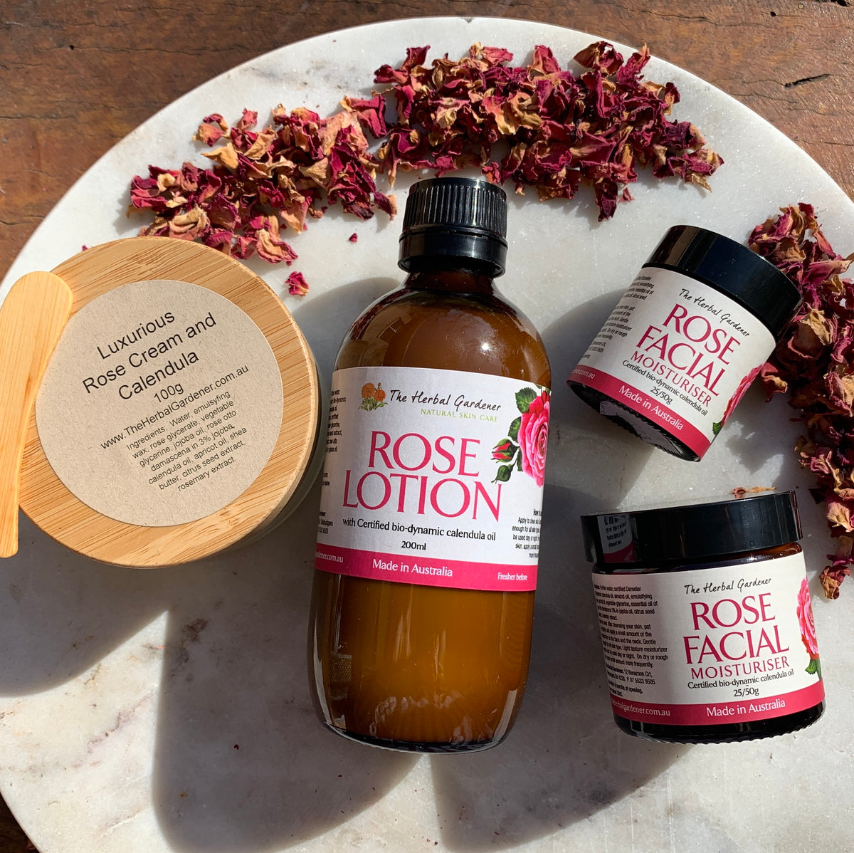 Complete Rose Collection including the Rose Body Lotion, Rose Facial Moisturiser 25gr, Rose Facial Moisturiser 50gr and Luxurious Rose Cream and Calendula The Herbal Gardener