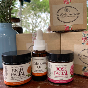 Day & Night Calendula Facial Pack with Calendula Oil 20ml, Rich Facial Moisturiser 50gr and Rose Facial Moisturiser 50gr at the markets The Herbal Gardener 