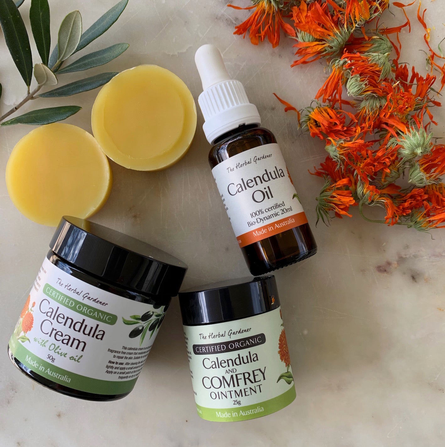 Skin Repair Pack with Calendula Cream 50g, Calendula and Comfrey Ointment 25g and Calendula 20 mL The Herbal Gardener