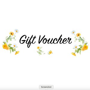 Digital gift voucher with the words displayed in a cursive font, surrounded by a floral border design with yellow and white flowers The Herbal Gardener