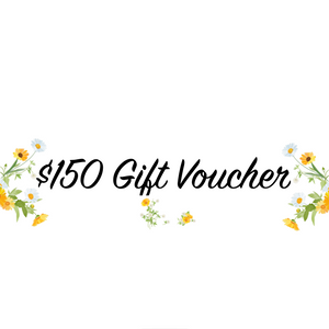 $150 Digital gift voucher with the words displayed in a cursive font, surrounded by a floral border design with yellow and white flowers The Herbal Gardener