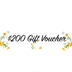 $200 Digital gift voucher with the words displayed in a cursive font, surrounded by a floral border design with yellow and white flowers The Herbal Gardener