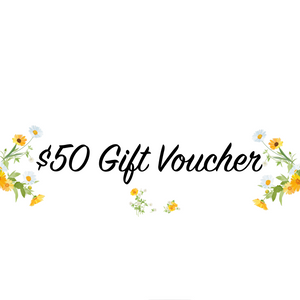 $50 Digital gift voucher with the words displayed in a cursive font, surrounded by a floral border design with yellow and white flowers The Herbal Gardener