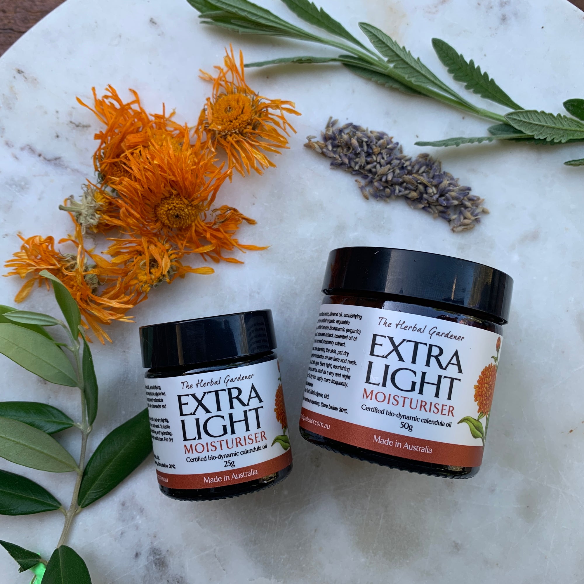 Extra Light Calendula Facial Moisturiser 50gr and 25gr dried calendula and lavender The Herbal Gardener