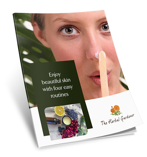 Free Ebook titled 'Enjoy beautiful skin with four easy routines', featuring a woman's face The Herbal Gardener