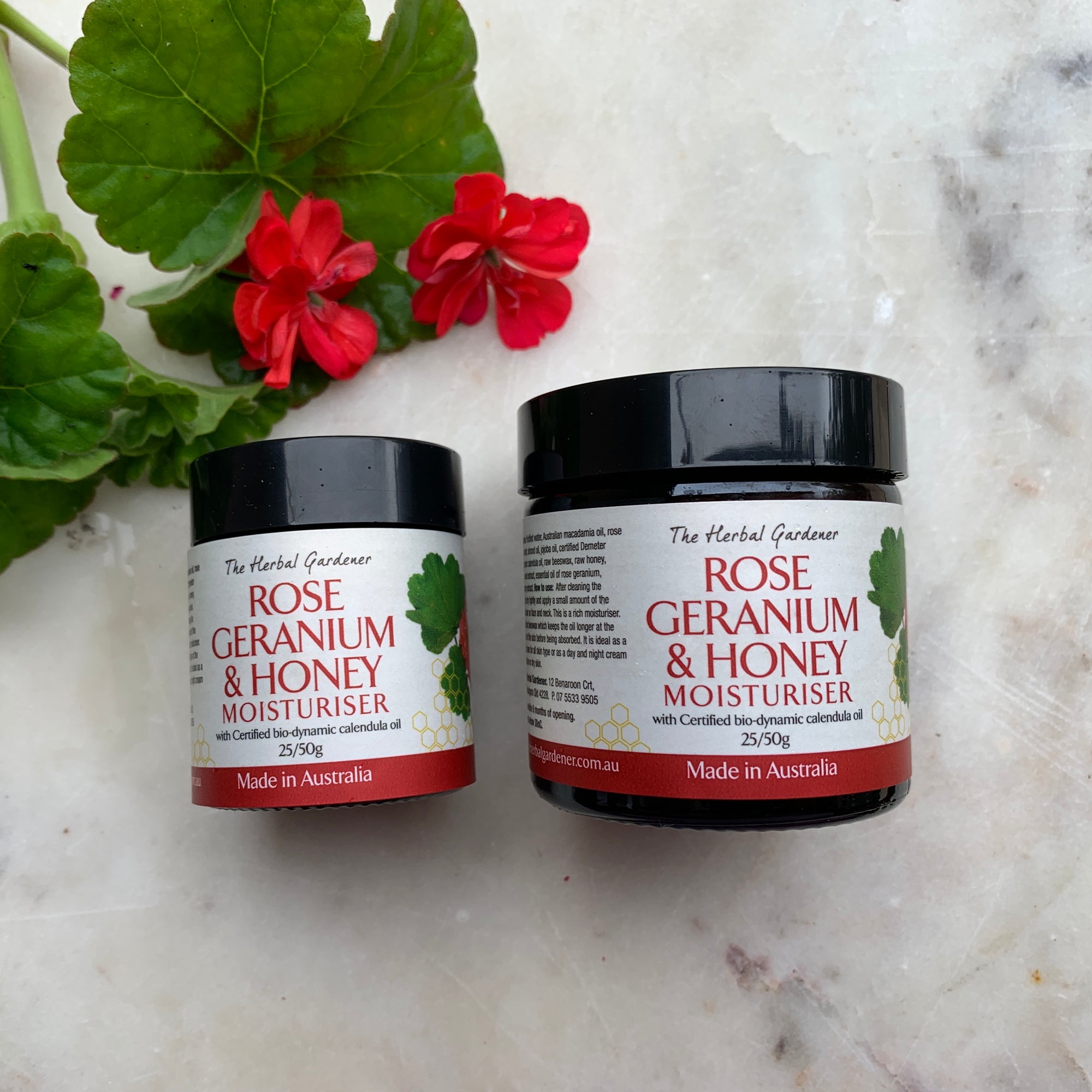 Rose Geranium & Honey Calendula Facial Moisturiser 50gr and 25gr with rose geranium The Herbal Gardener