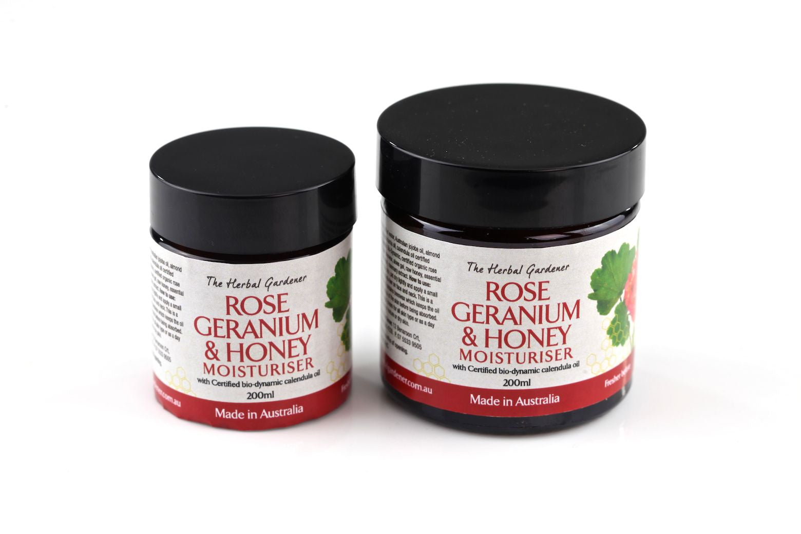 Rose Geranium & Honey Calendula Facial Moisturiser 50gr and 25gr white background closed lids The Herbal Gardener 