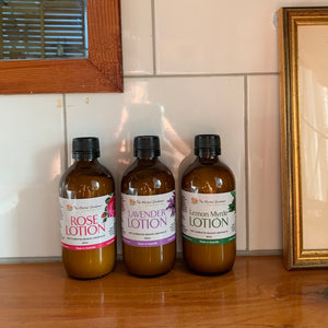 Calendula Lotion Discovery Set with Lemon Myrtle Lotion, Lavender Lotion and Rose Lotion 200mL each in a bathroom The Herbal Gardener 